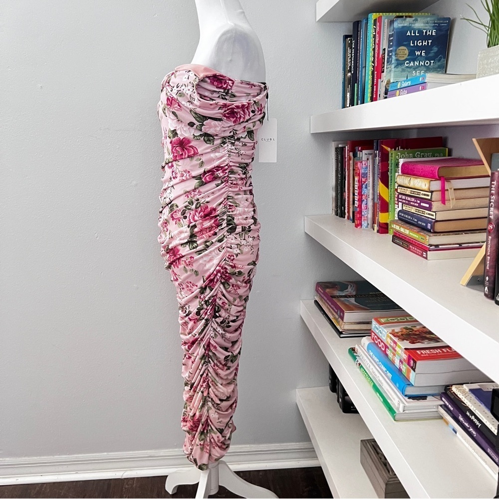 Pink Floral Off Shoulder Ruched Maternity Midi Dress size 6 - Picture 7 of 16